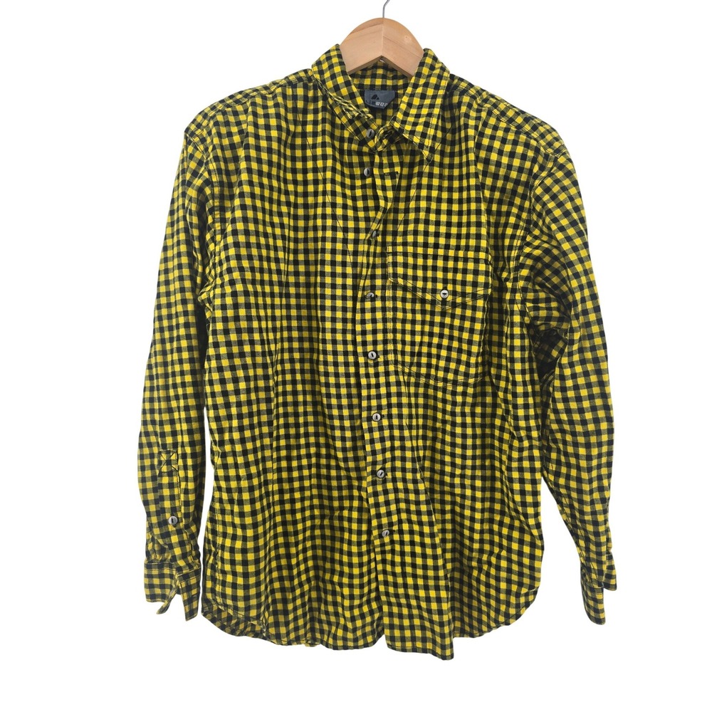 Lizwear Button Up Shirt Men Medium Yellow Black Gingham Plaid Cotton Long Sleeve